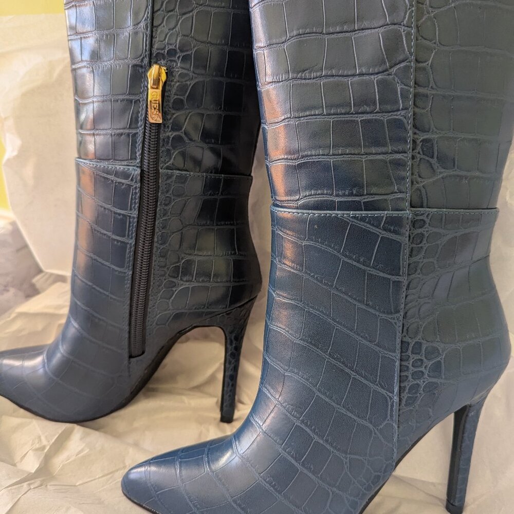 GUESS Faux Croc Leather Knee High Boots Cobalt Blue Sz6